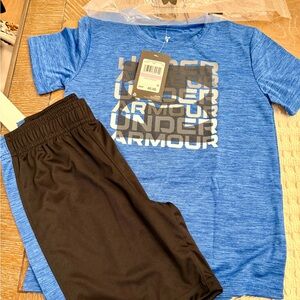 Under Armour Blue Heather Logo Tee with Black Accents